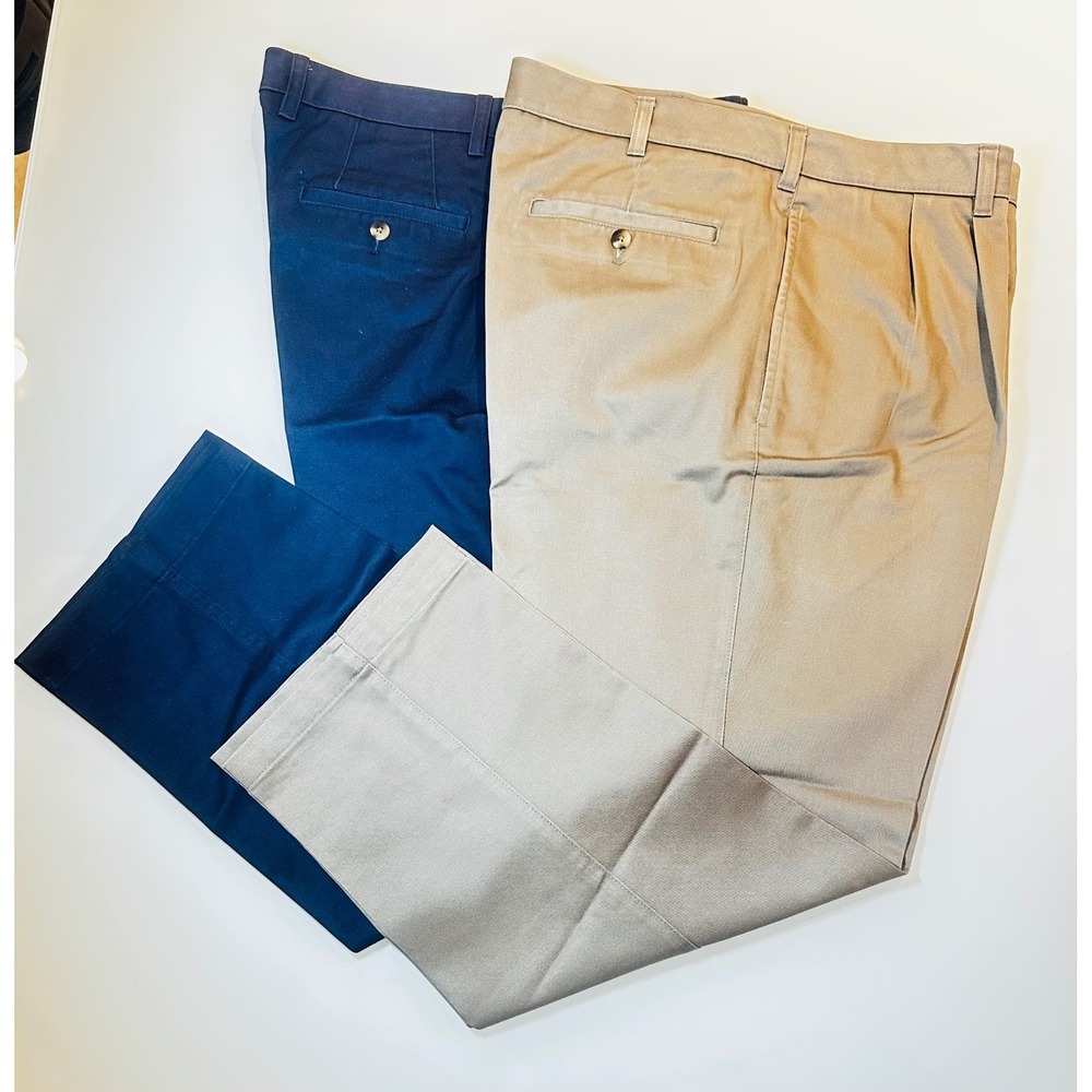 Van Heusen Mens Pleated Chino Pants 38x30 Bundle Navy Blue Khaki Tan 2 Pairs